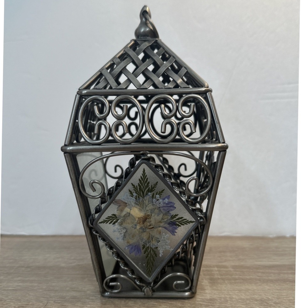 Hanging Metal Birdcage Candle Holder Pressed Flower Panels Heavy Indoor Outdoors